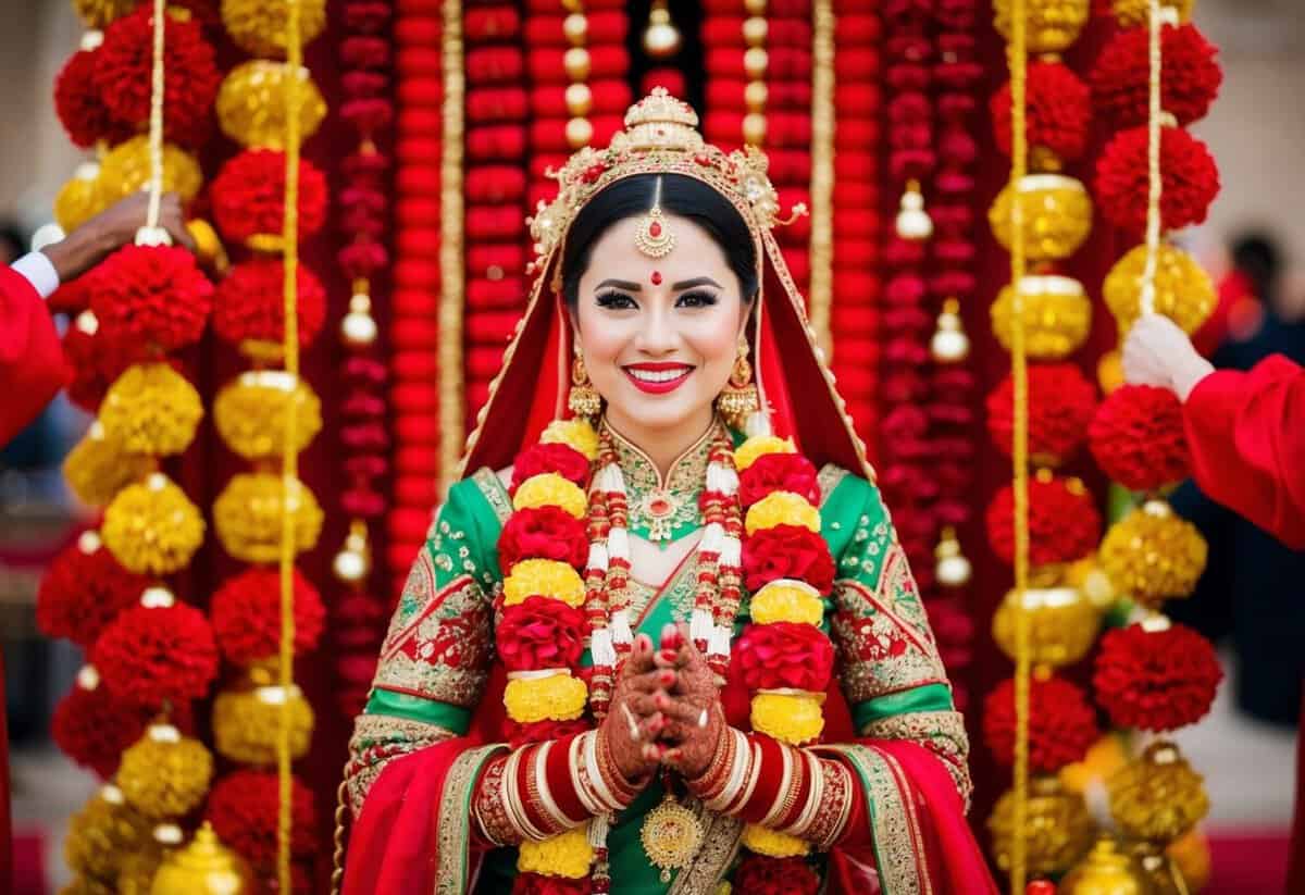 A bride surrounded by vibrant red and gold decorations, symbolizing luck and prosperity in her traditional wedding attire