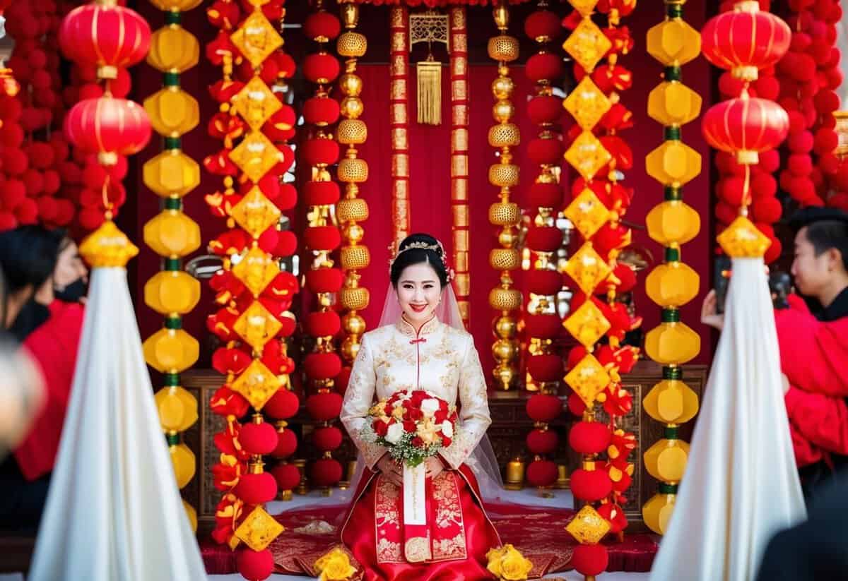 A bride surrounded by vibrant red and gold decor, symbolizing luck and prosperity in Chinese culture