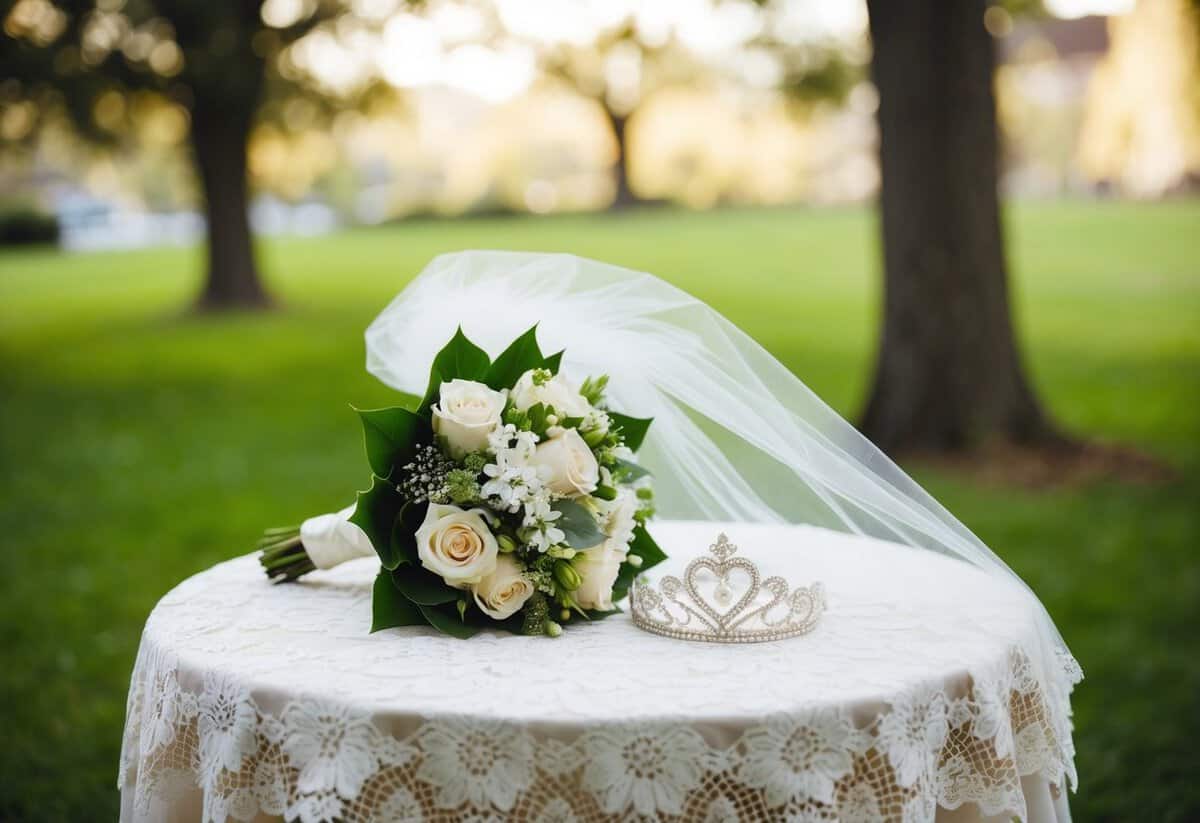 A bridal bouquet, a veil, and a tiara arranged on a lace-trimmed table