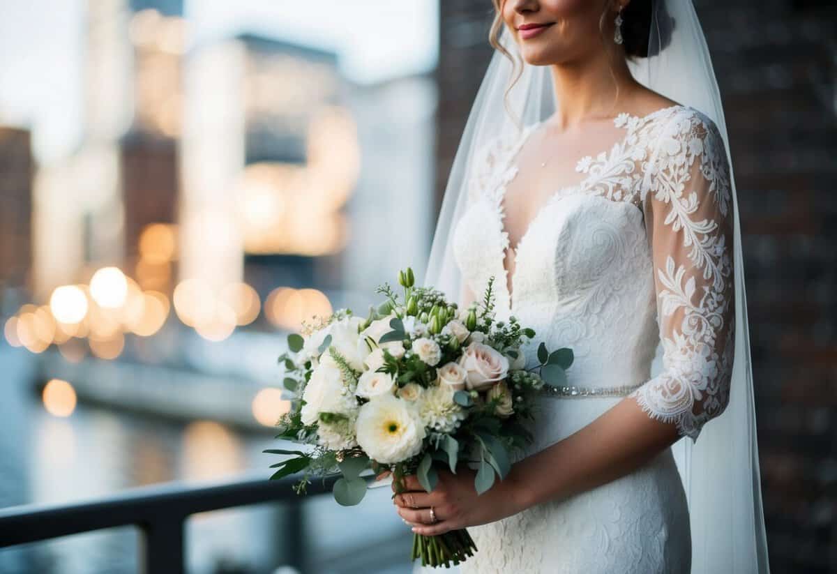 A white lace wedding gown, a delicate veil, and a bouquet of fresh flowers