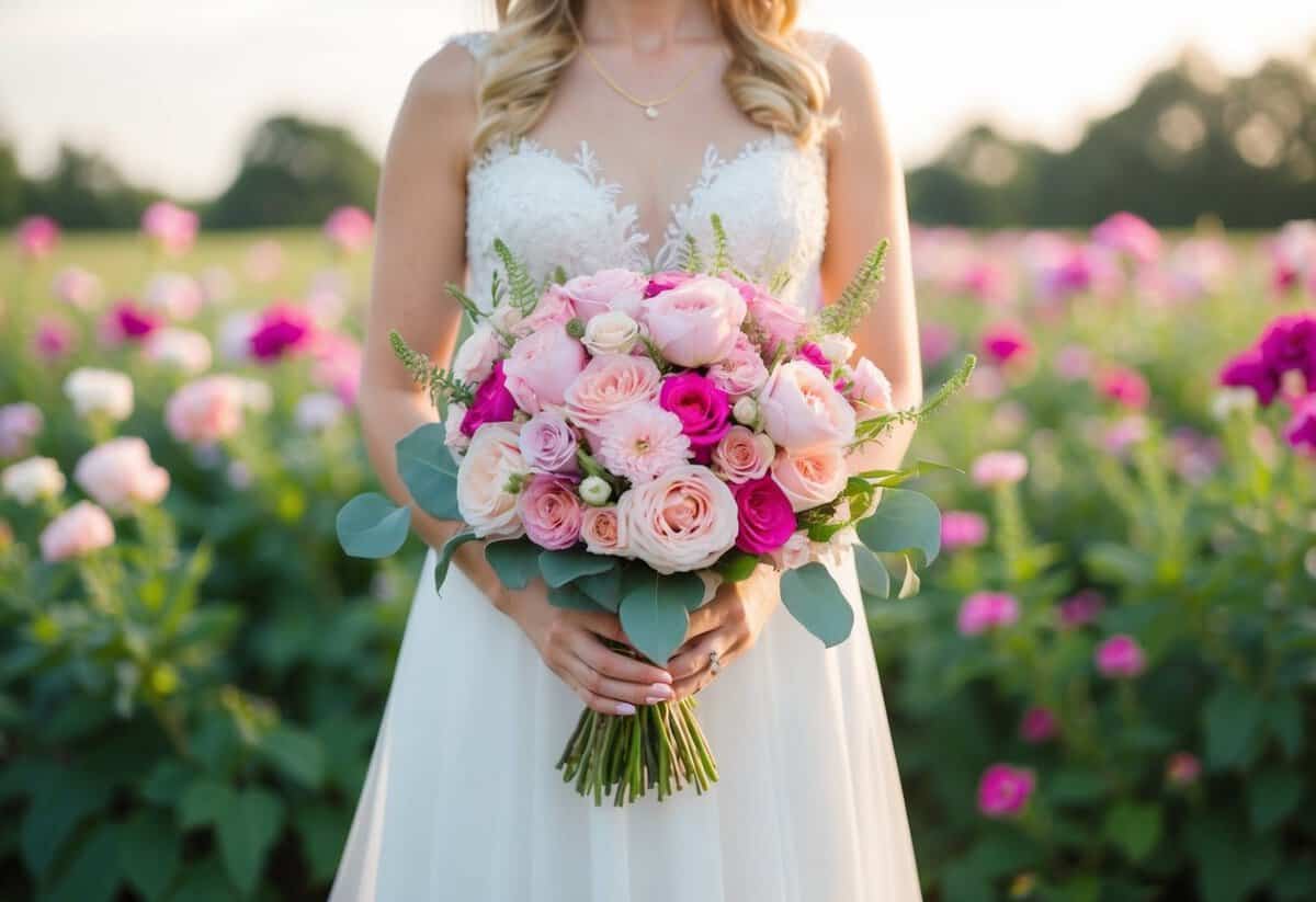 A bride holding a bouquet of flowers in various shades of pink, symbolizing love and happiness