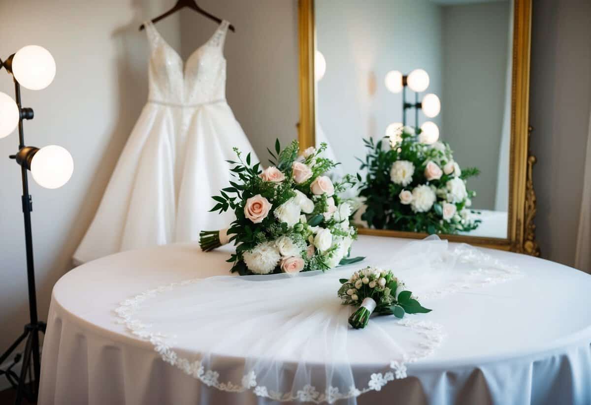 A bridal gown, a bouquet of flowers, and a veil laid out on a table with soft lighting and a mirror in the background
