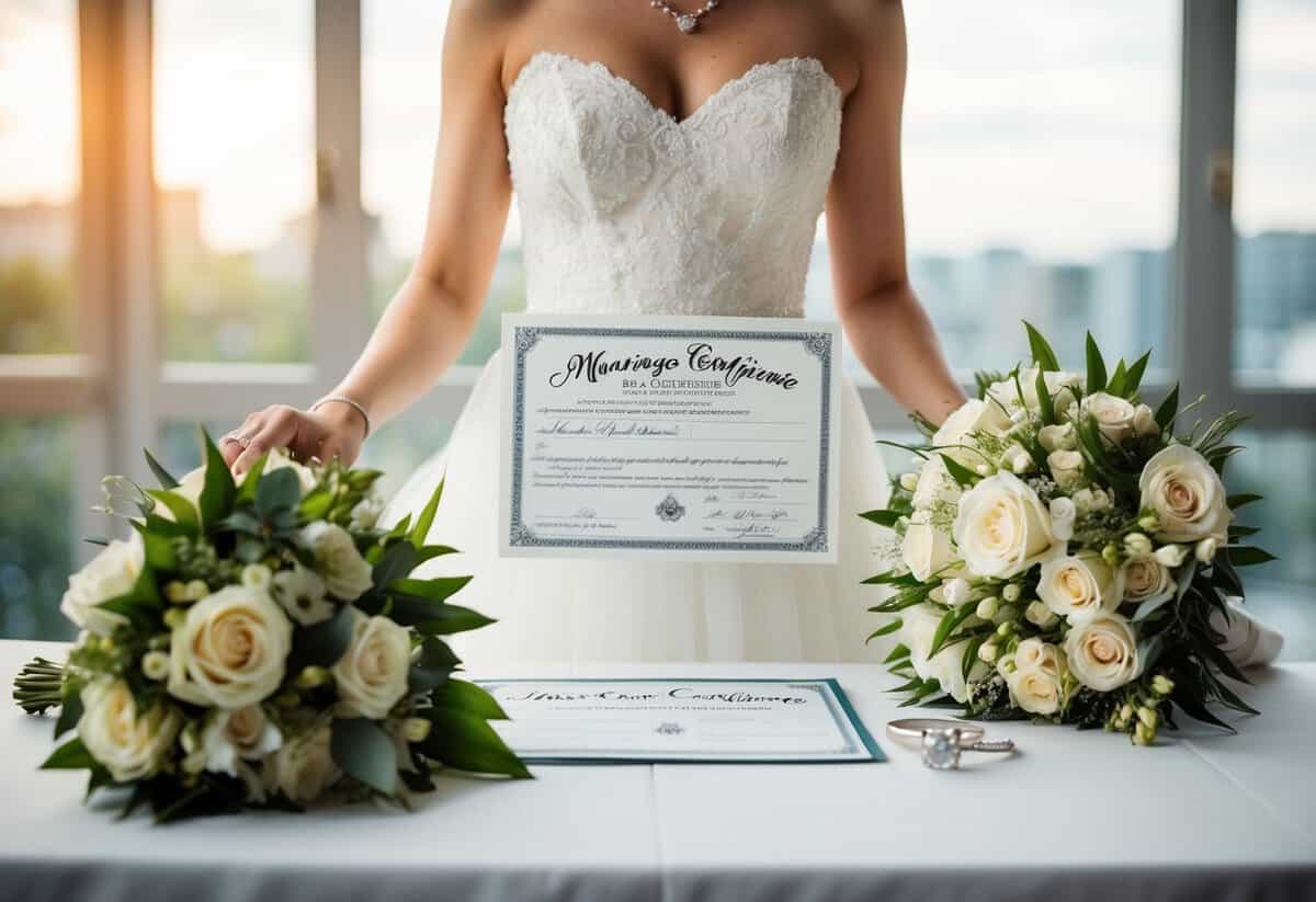 A bride needs a marriage certificate, a wedding ring, and a bouquet of flowers