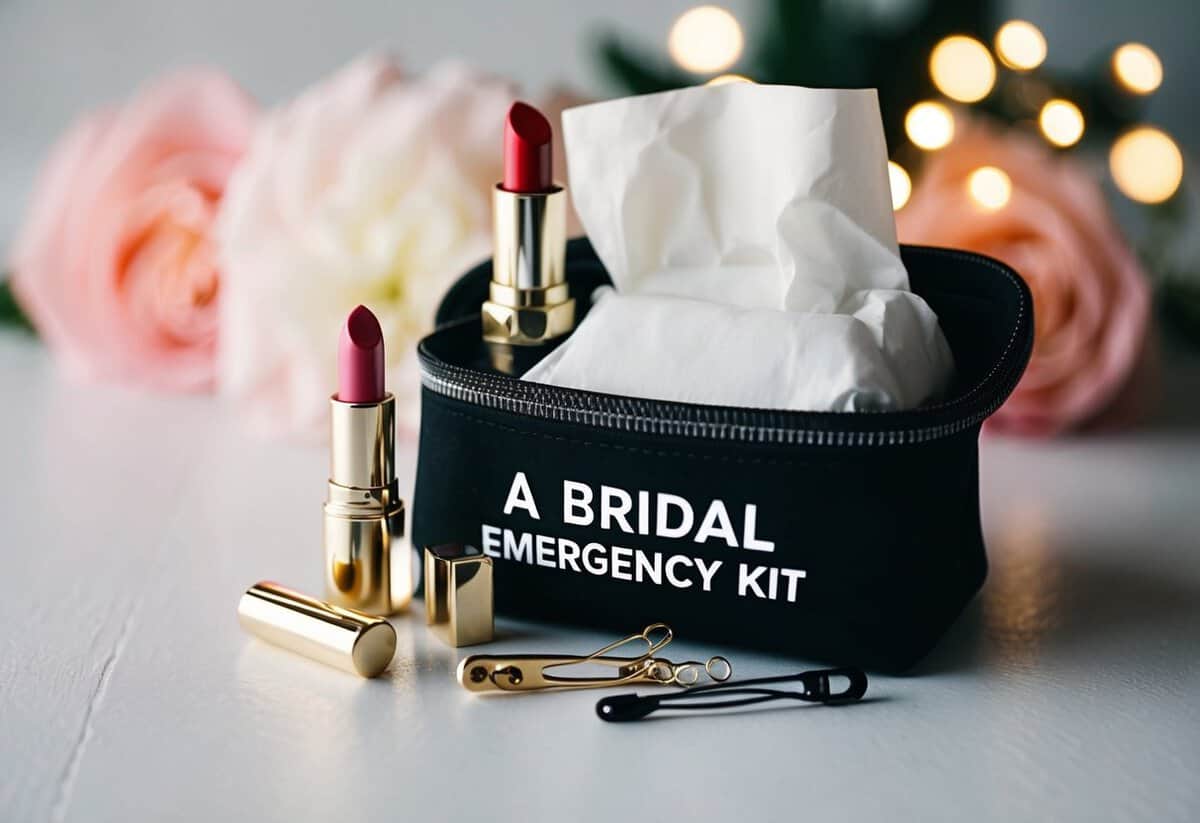 A bridal emergency kit: lipstick, tissues, safety pins