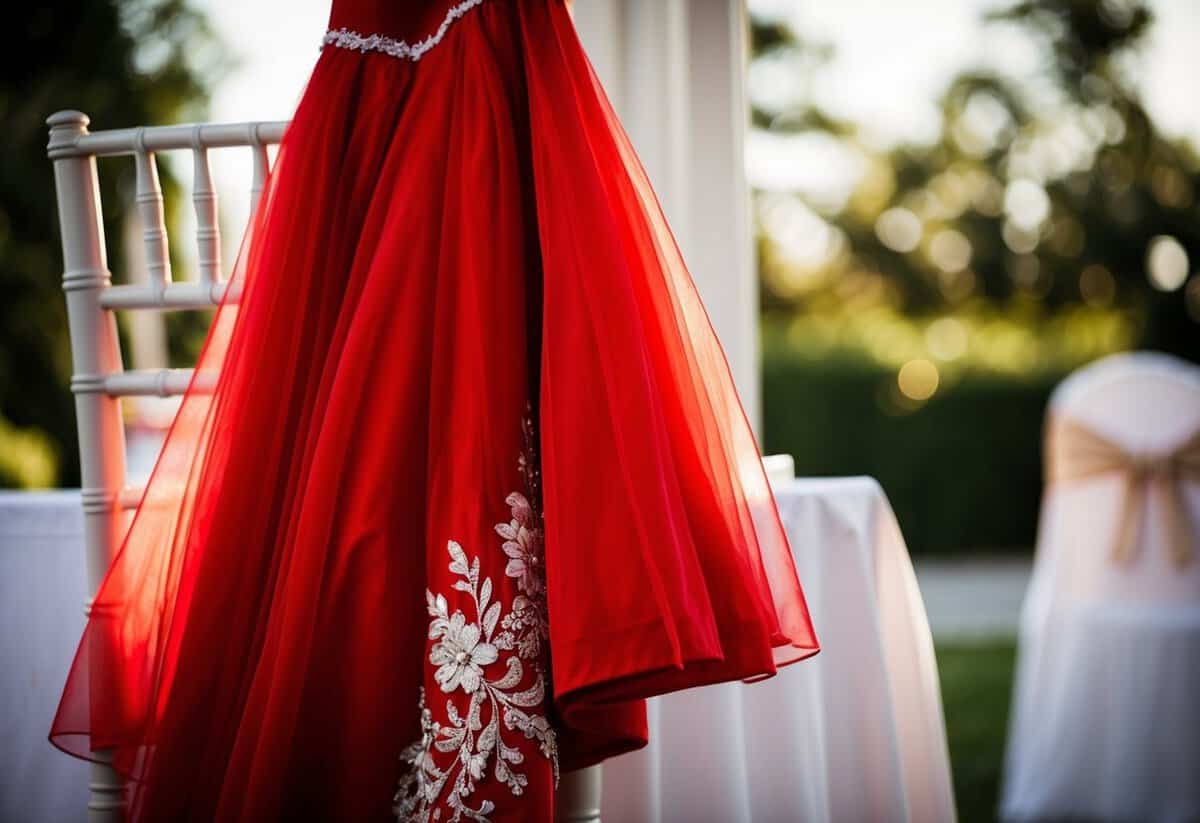 A red dress hangs on a chair at a wedding, catching the light and symbolizing passion and love