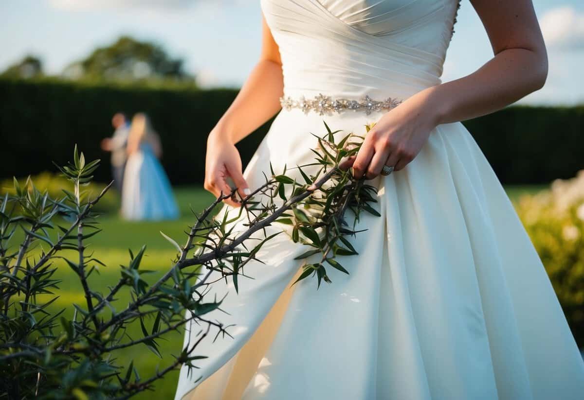The borrowed dress is accidentally torn on a thorny bush while being worn at an outdoor event