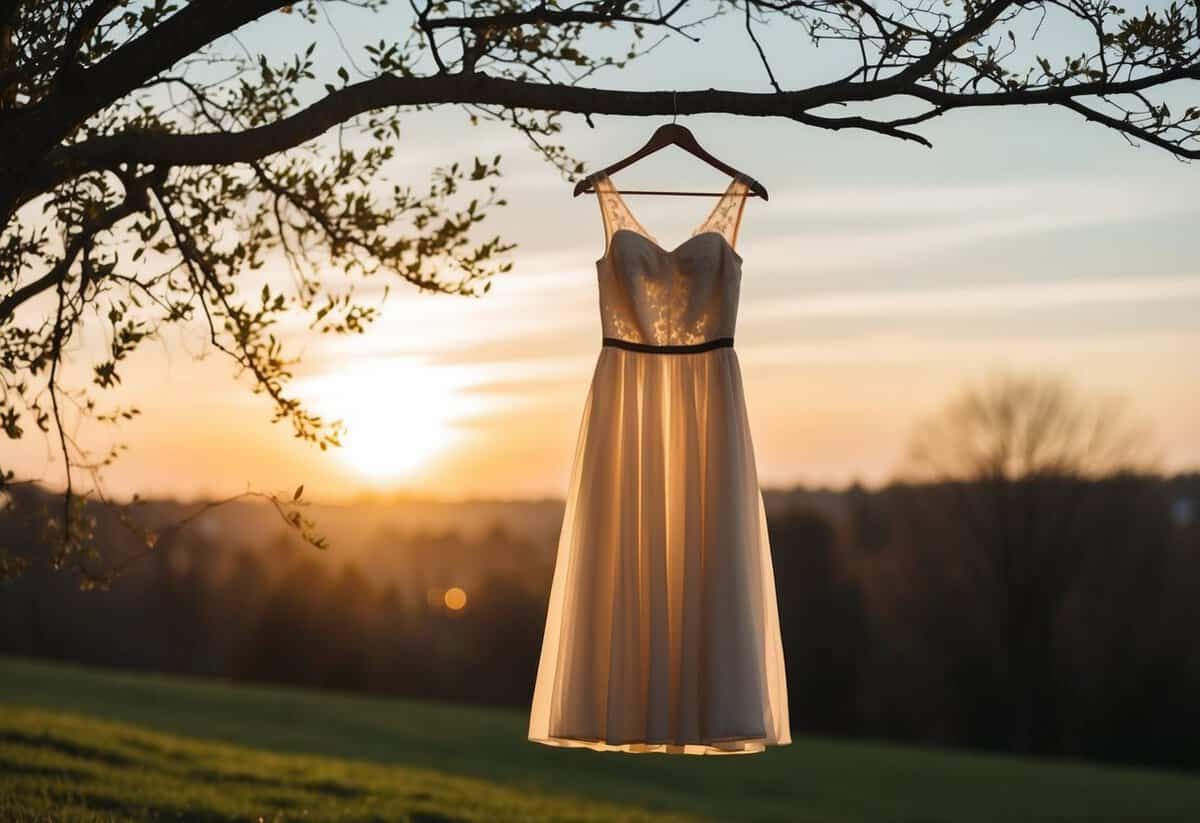 The borrowed dress hangs on a tree branch, caught in the wind, as the sun sets behind it, casting a warm glow on the fabric