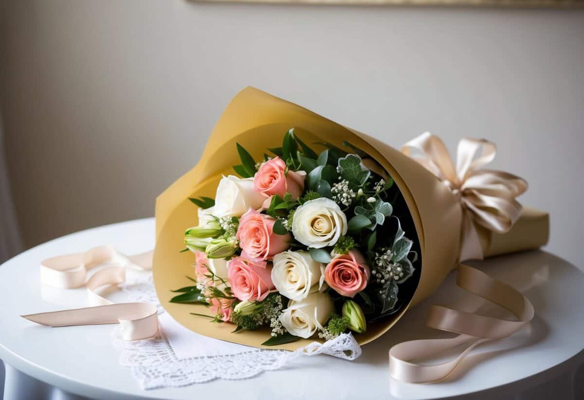 A beautifully wrapped bouquet of flowers sitting on a table, surrounded by elegant ribbons and a delicate lace handkerchief