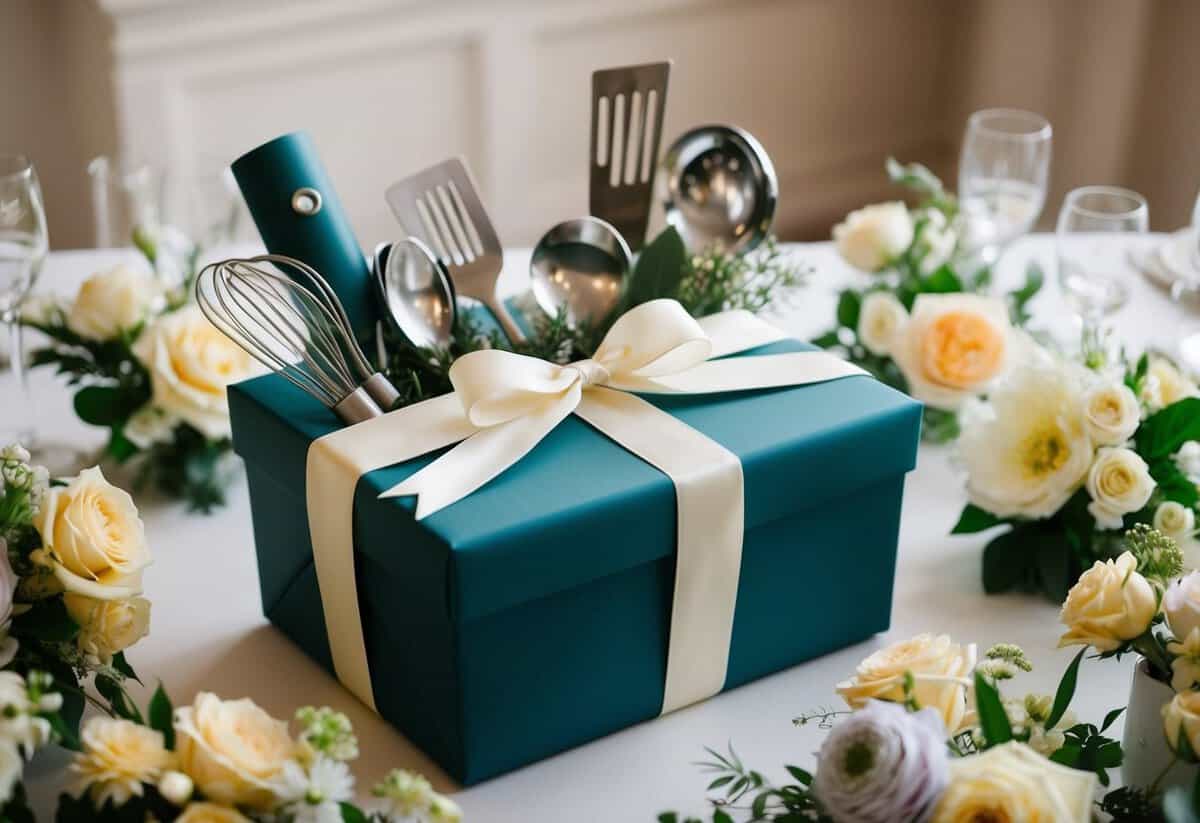 A beautifully wrapped gift box with a ribbon and bow, filled with elegant kitchenware and cooking utensils, surrounded by flowers and wedding decorations