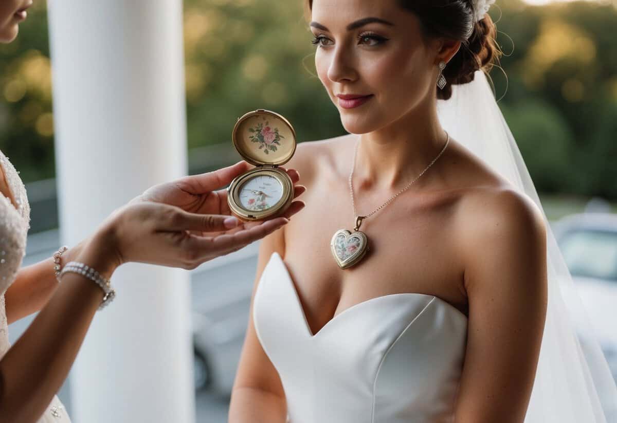 A bride holds a vintage locket while admiring her modern wedding gown