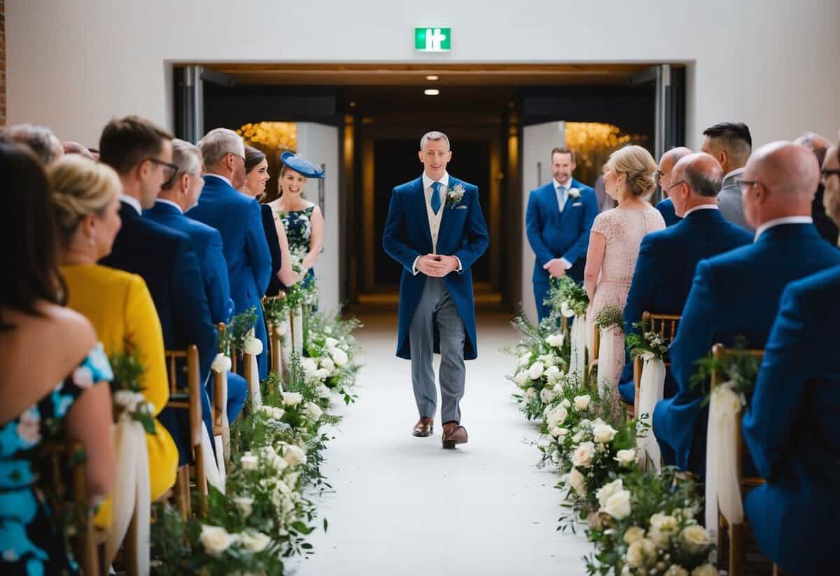 A figure leads the procession down the aisle, followed by others in a modern, non-traditional ceremony in the UK