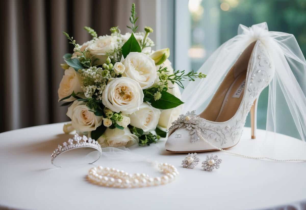 A bride's essentials: a delicate veil, a bouquet of flowers, a sparkling tiara, and elegant pearl earrings