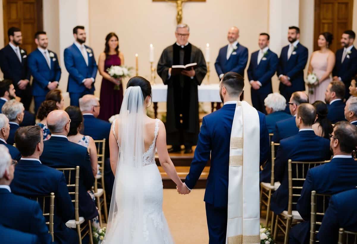 A bride and groom stand at the altar, facing each other with guests seated in rows behind them. The officiant stands between the couple, ready to begin the ceremony