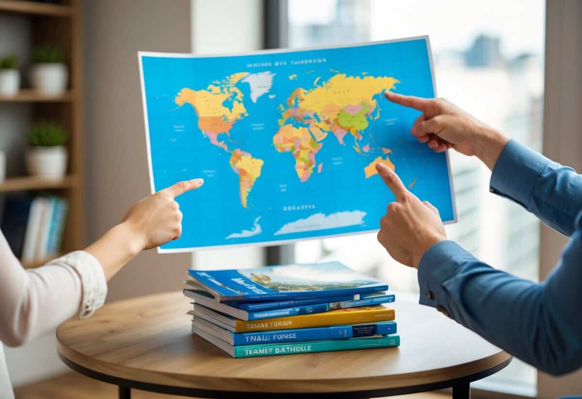 A couple's hands holding a world map, pointing to different destinations. A stack of travel guides and brochures on a table