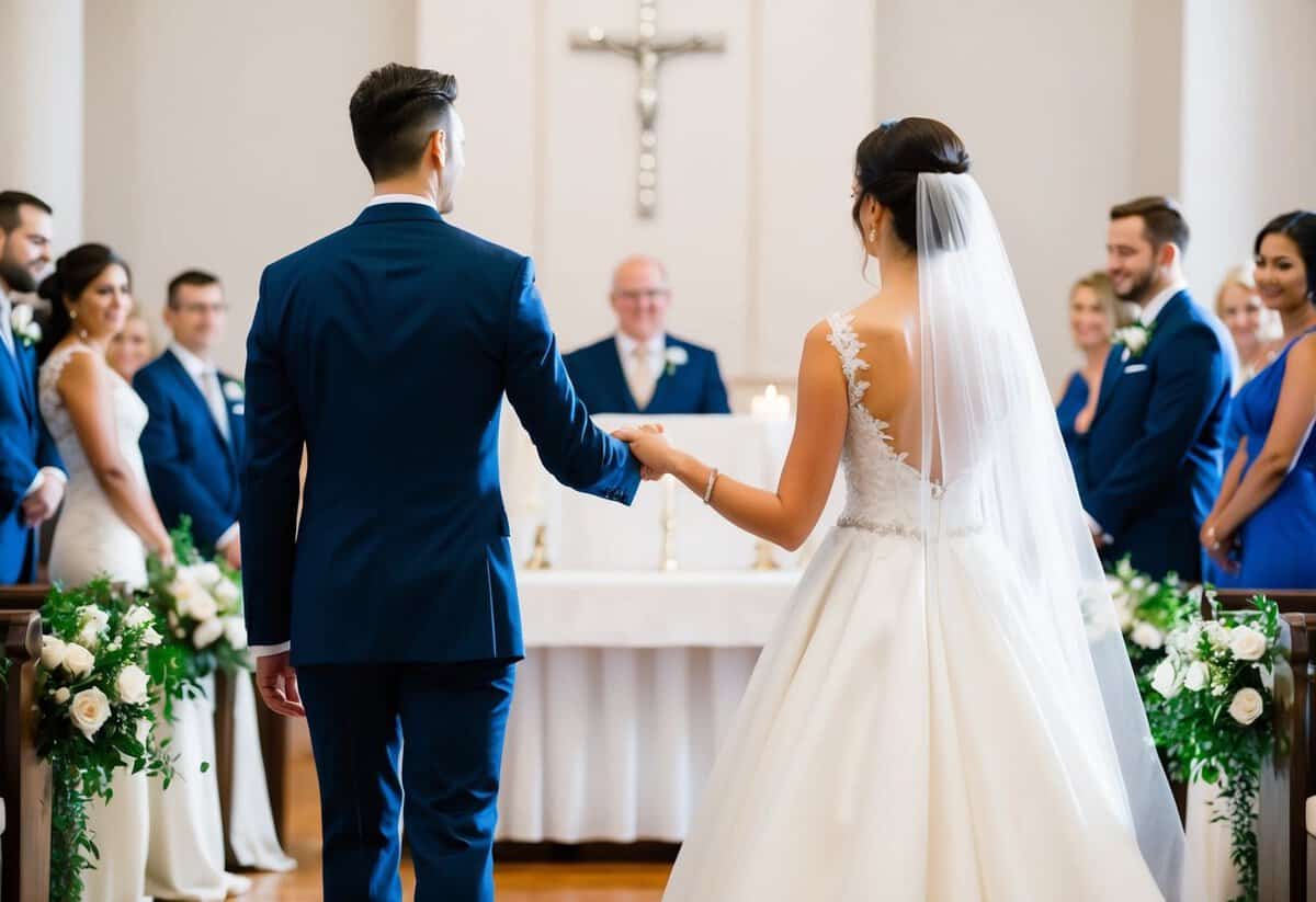 A bride and groom stand at the altar, facing each other. The groom takes the bride's hand and leads her in a graceful gesture