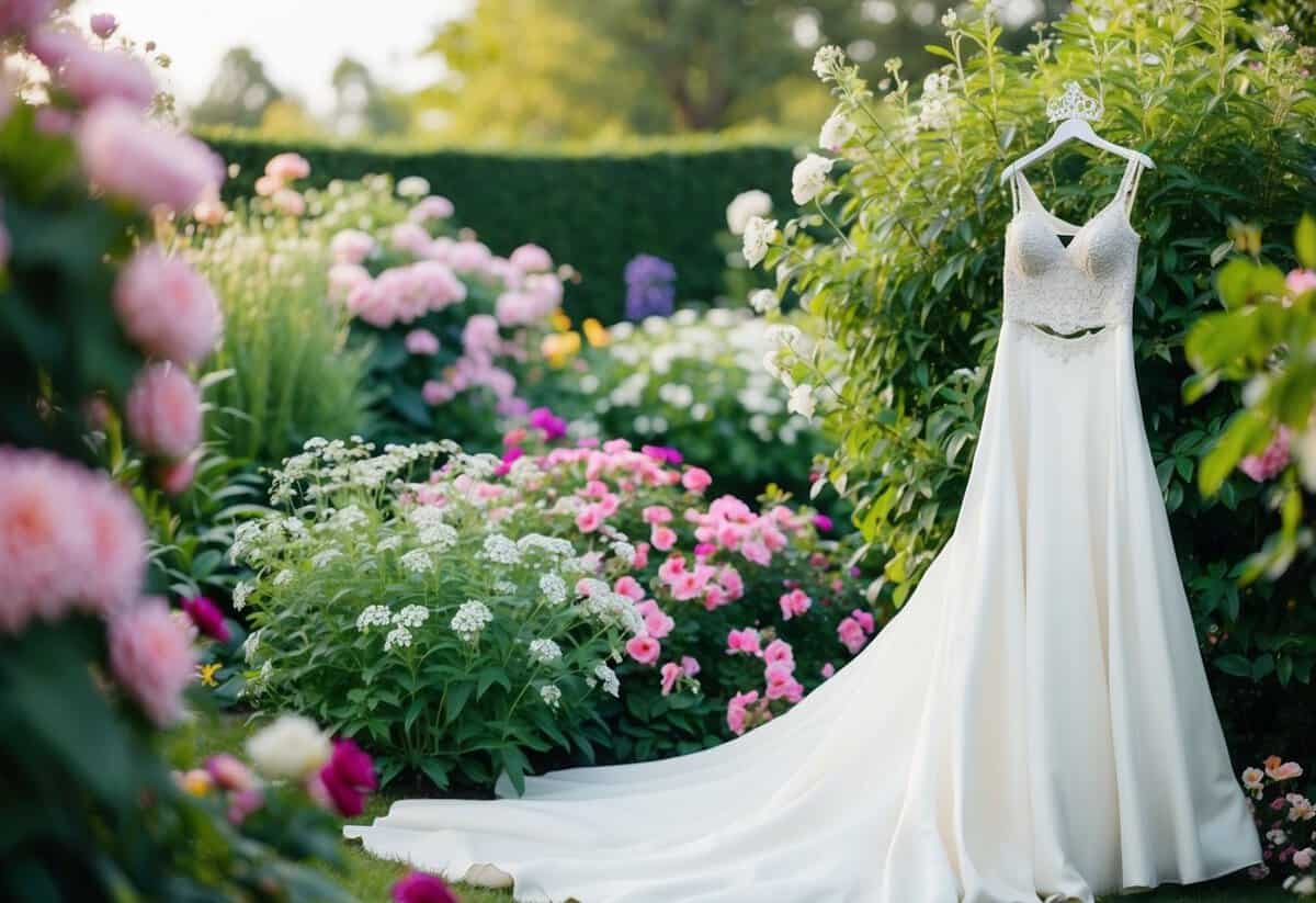 A garden filled with blooming flowers, a sparkling tiara, and a flowing white gown