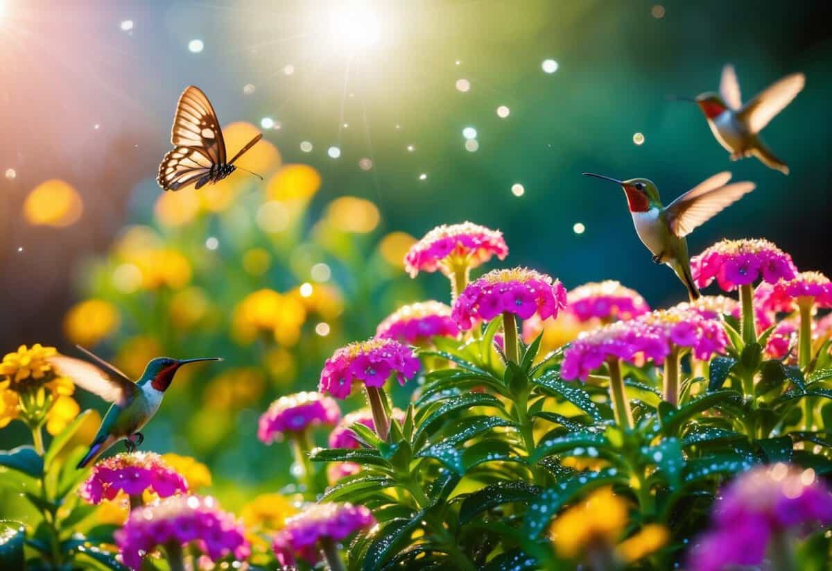 A glowing garden with vibrant flowers and sparkling dew, surrounded by fluttering butterflies and hummingbirds