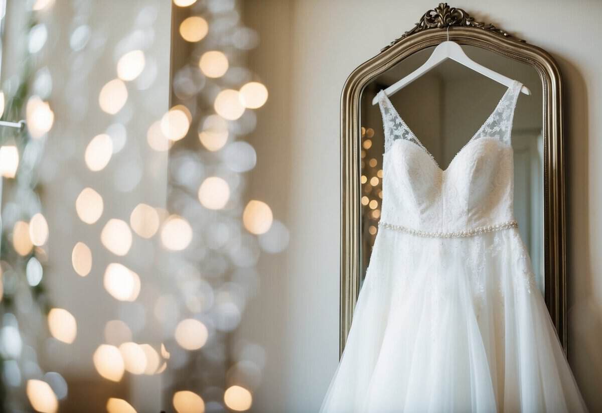 A beautiful white wedding gown hanging on a vintage mirror with delicate lace details and shimmering beads