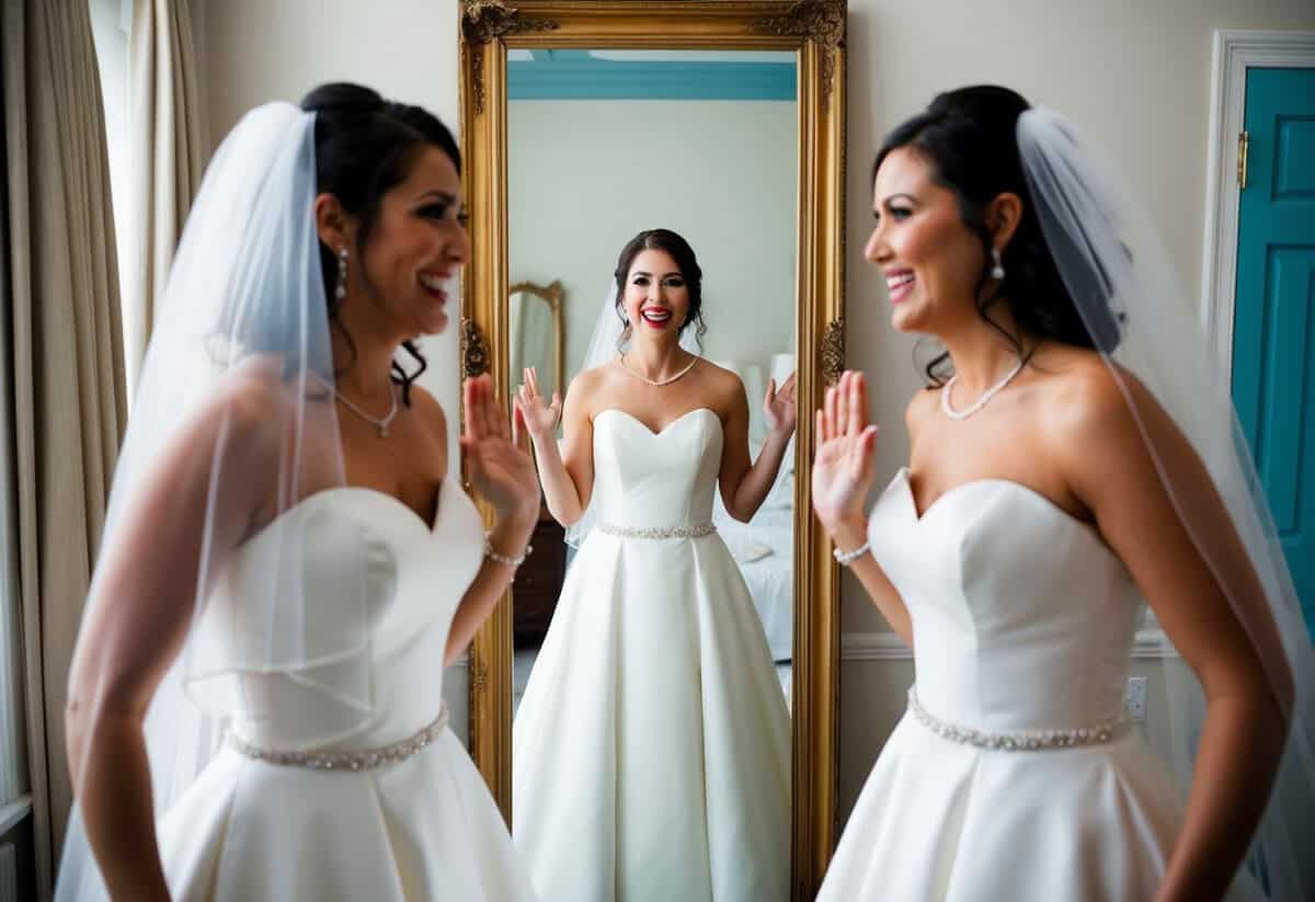 A bride standing in front of a full-length mirror, surrounded by her wedding dress, veil, and accessories, with a look of excitement and anticipation on her face