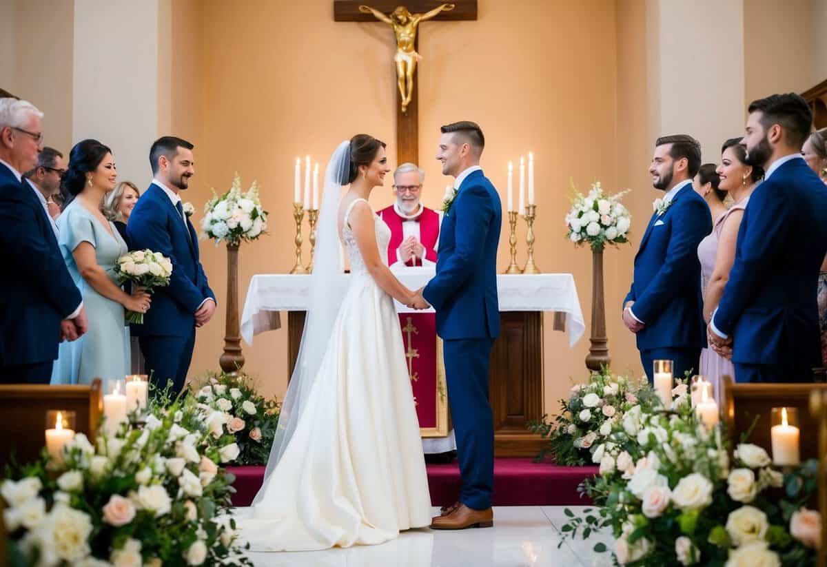 A bride and groom stand facing each other at the altar, surrounded by flowers and candles. A priest officiates the ceremony as guests look on