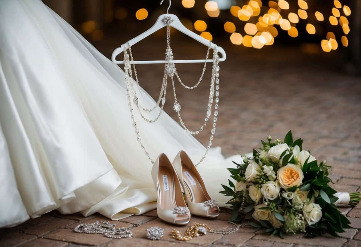 A bride's gown hangs on a decorative hanger, surrounded by scattered jewelry, a bouquet of flowers, and a pair of elegant heels