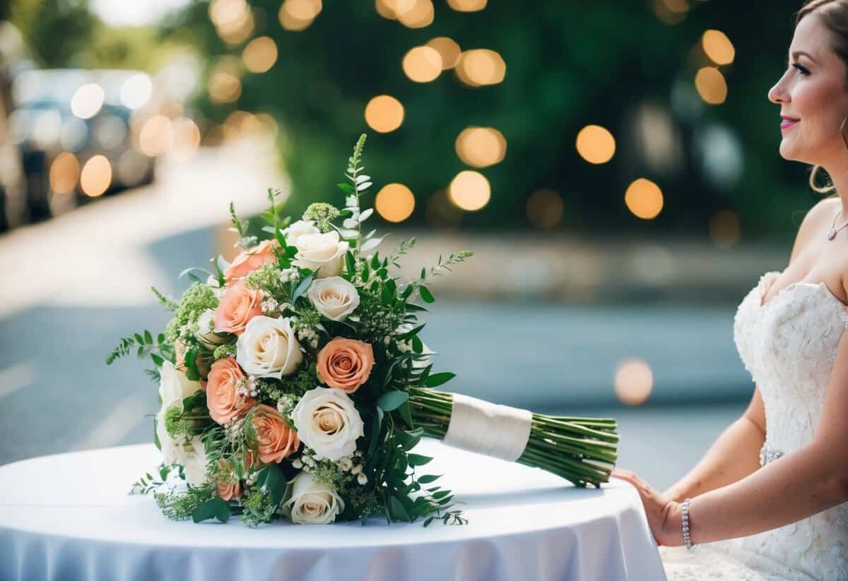 A bouquet of flowers rests on a table next to the bride
