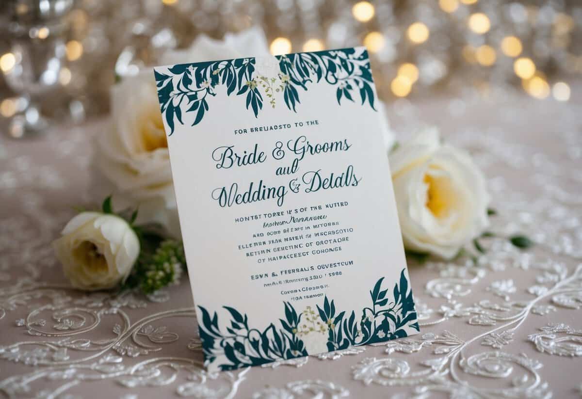 A wedding invitation with the bride and groom's names and hosting details displayed in elegant calligraphy on a decorative background