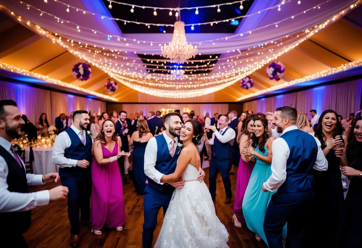 A lively wedding reception with colorful decor, twinkling lights, and a bustling dance floor filled with guests laughing and enjoying themselves