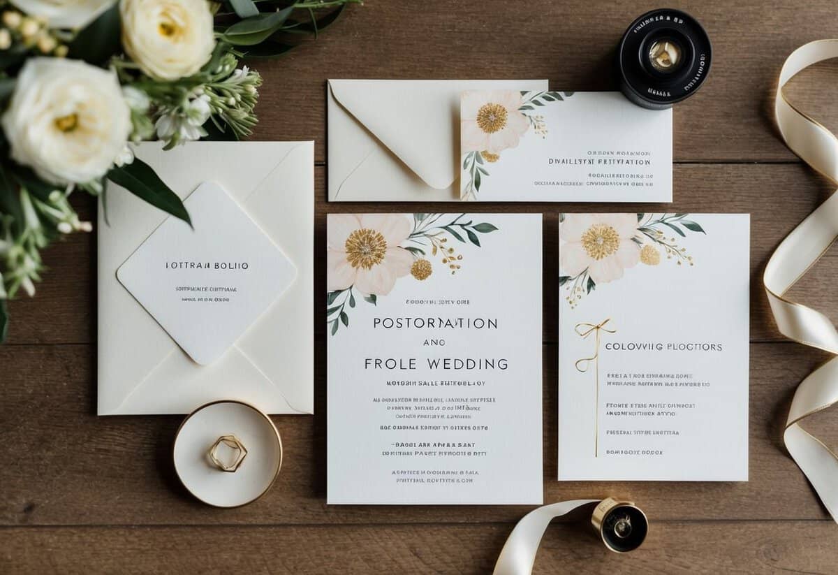 A wedding invitation suite with elegant floral motifs and gold accents