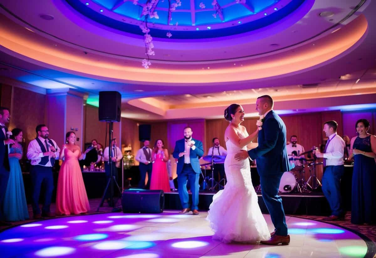A lively wedding reception with a dance floor, live band, and colorful lighting, creating a fun and entertaining atmosphere for guests
