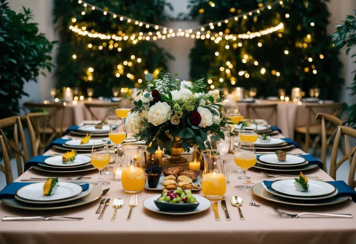 A beautifully set table with elegant place settings, surrounded by twinkling lights and lush greenery, showcasing a variety of delectable dishes and drinks