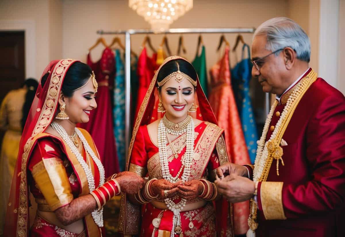 A traditional wedding attire and accessories being purchased by the bride's parents