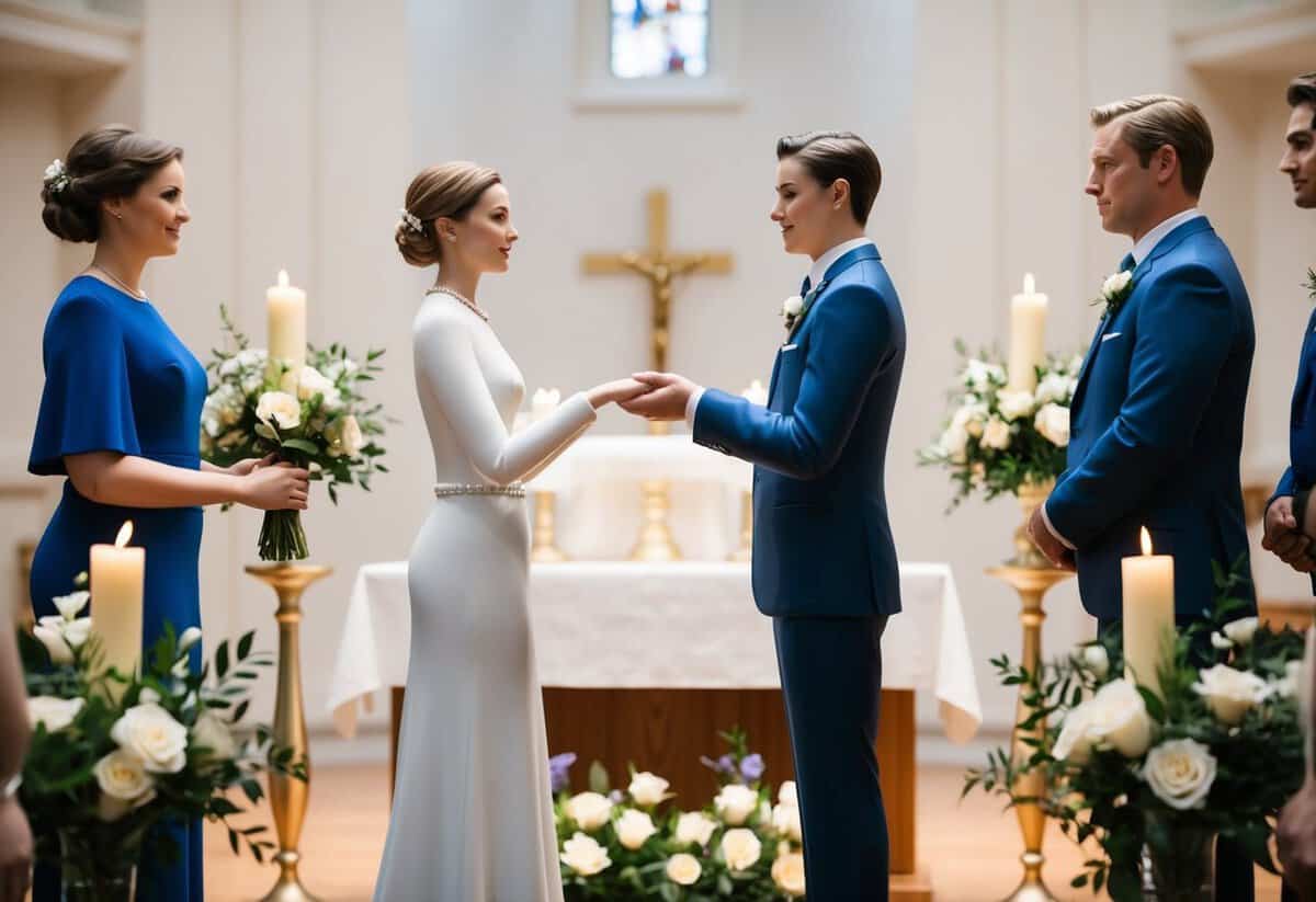 A figure stands alone at an altar, facing another figure. They exchange vows, surrounded by flowers and candles