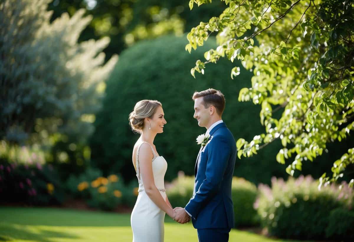 Two figures stand facing each other, surrounded by a lush garden. A gentle breeze rustles the leaves of nearby trees as they exchange vows