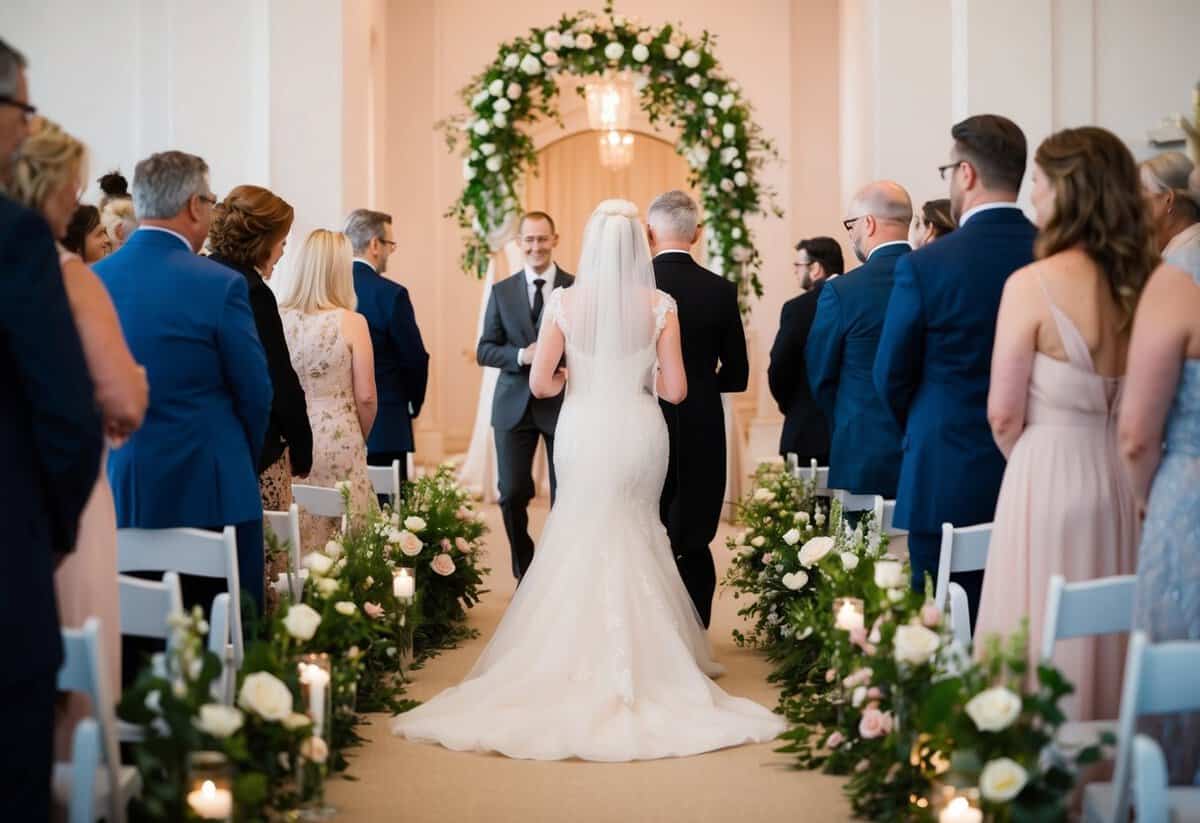 A figure leads the bride down the aisle, surrounded by flowers and soft lighting