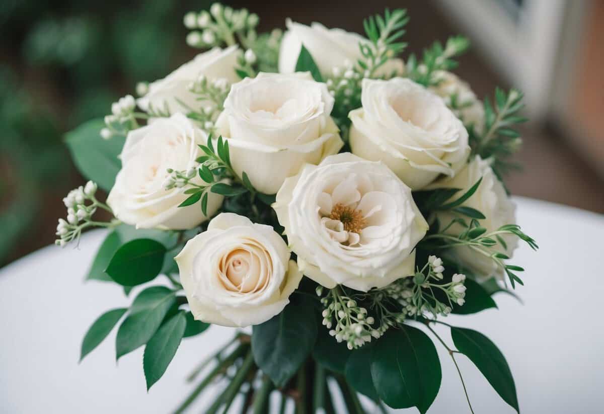 A delicate bouquet of white roses and greenery