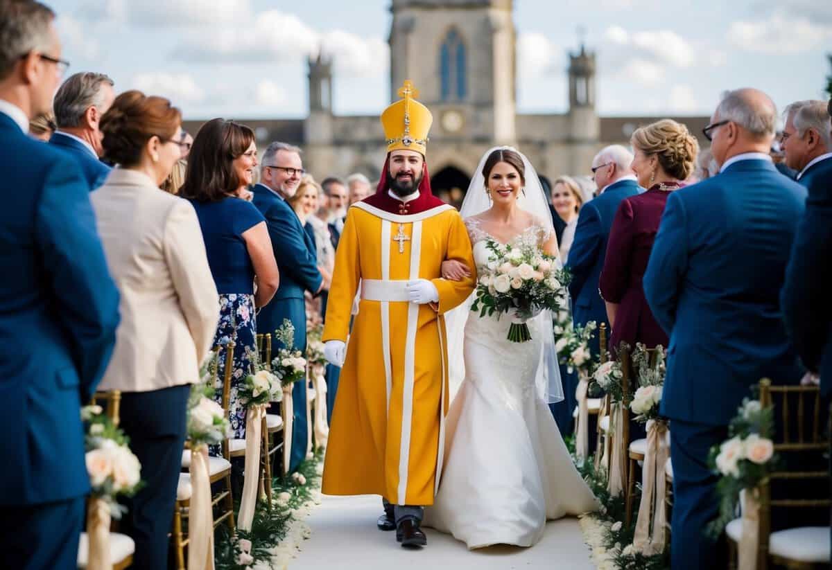 A figure leads the bride down the aisle, surrounded by onlookers and adorned with flowers and decorations