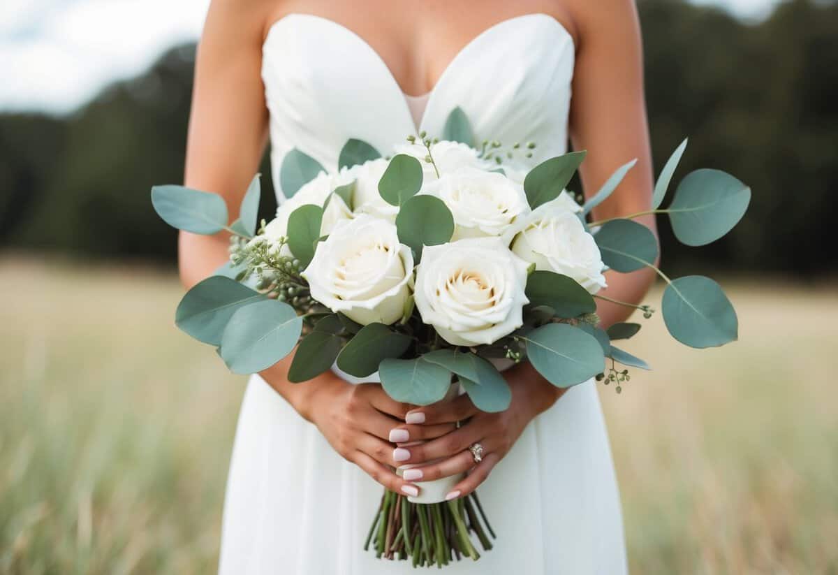 A bride holds a delicate bouquet of white roses and eucalyptus leaves