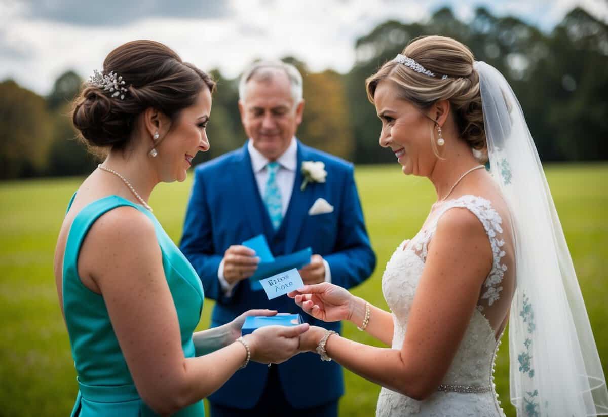 A bride receives something blue from a family member or friend as a symbol of superstition and tradition