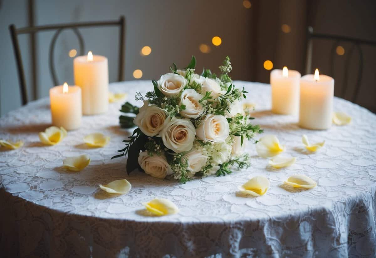 A delicate bouquet rests on a lace-covered table, surrounded by scattered petals and soft candlelight