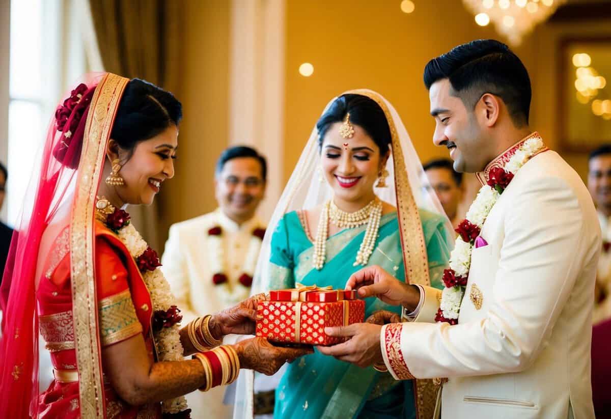 A groom and bride's families exchange money and gifts in a ceremonial setting