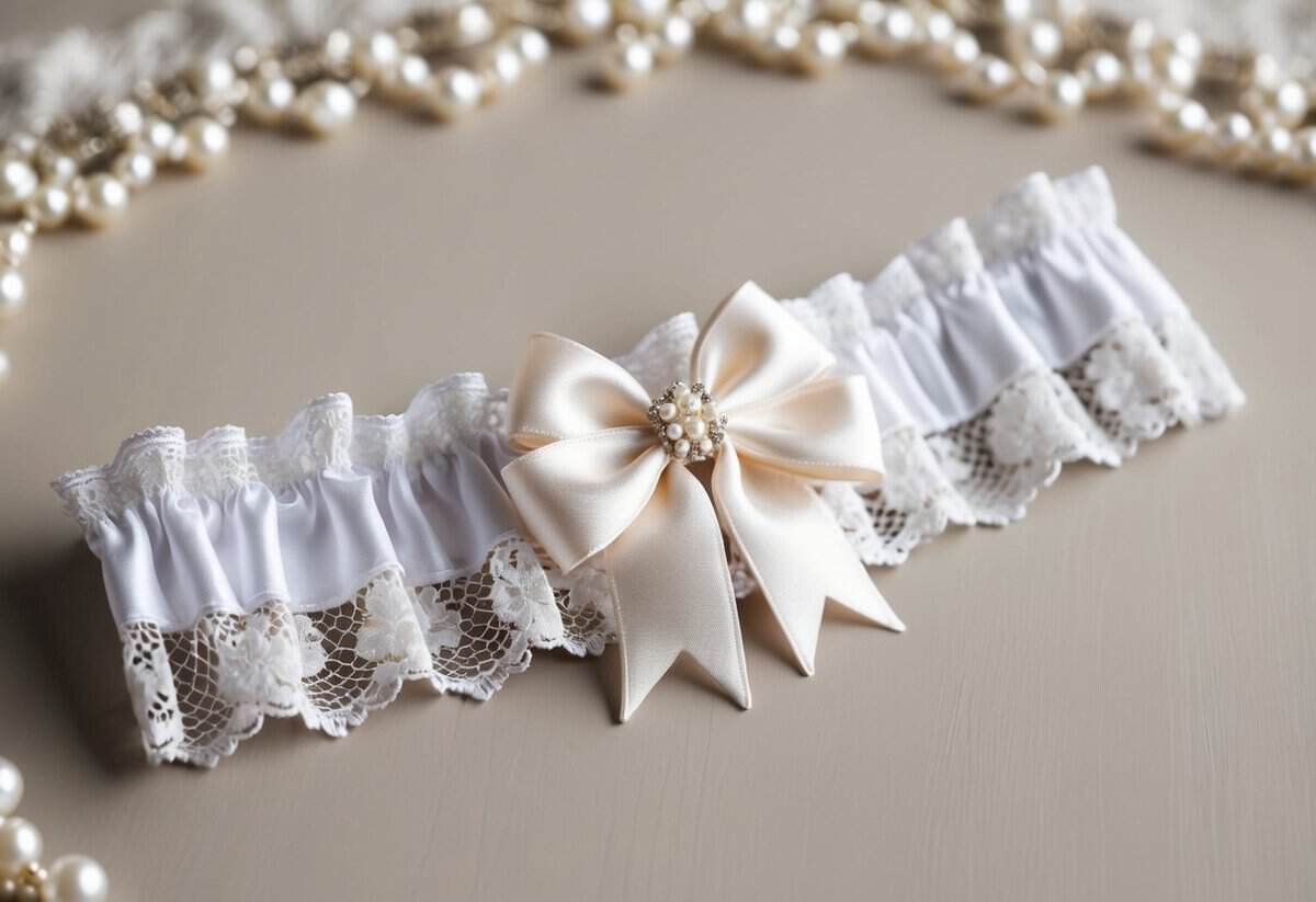 A lace garter adorned with delicate pearls and a small satin bow