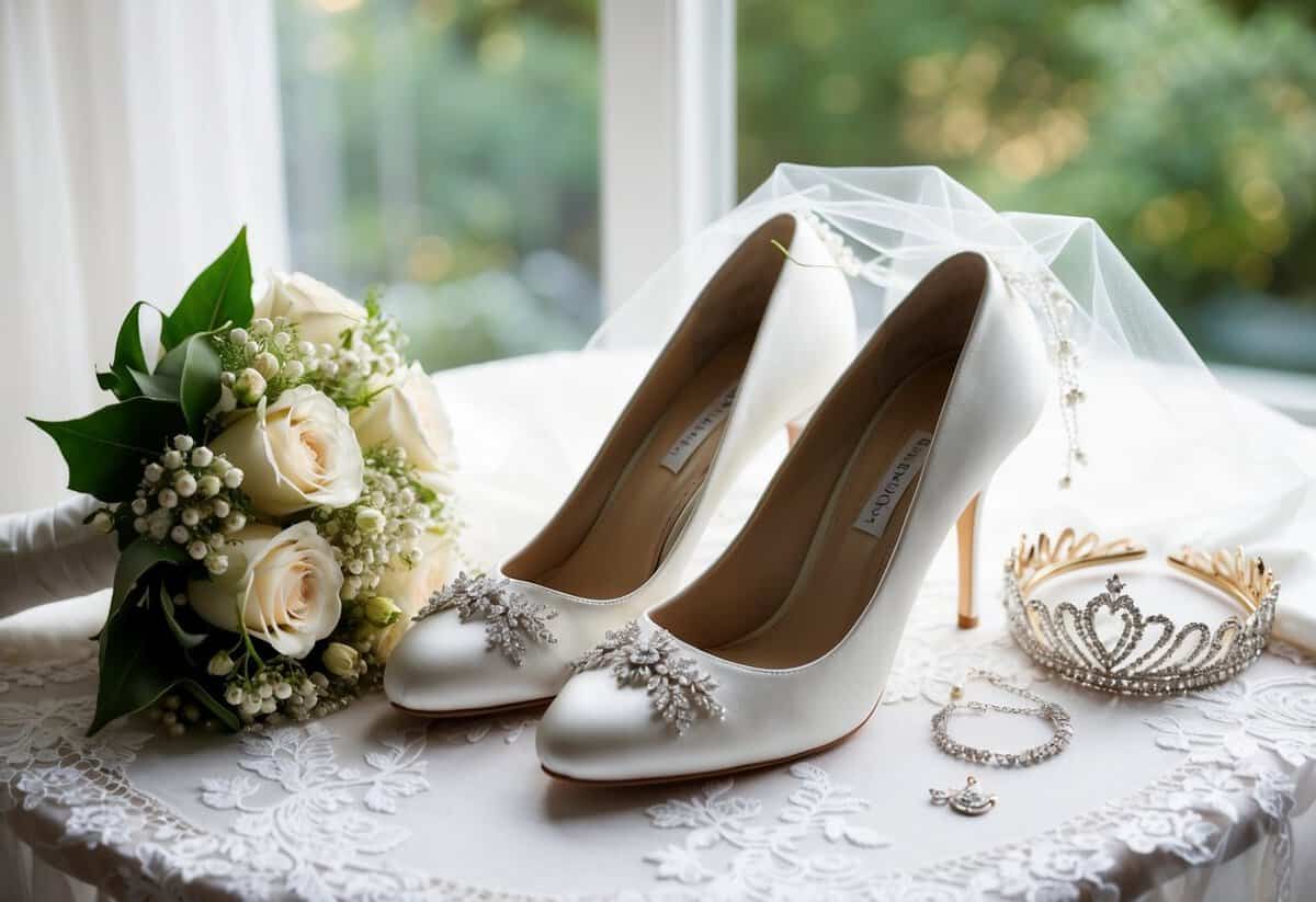 A bride's wedding day: a bouquet, veil, and elegant shoes on a lace-trimmed table, with a sparkling tiara and delicate jewelry nearby