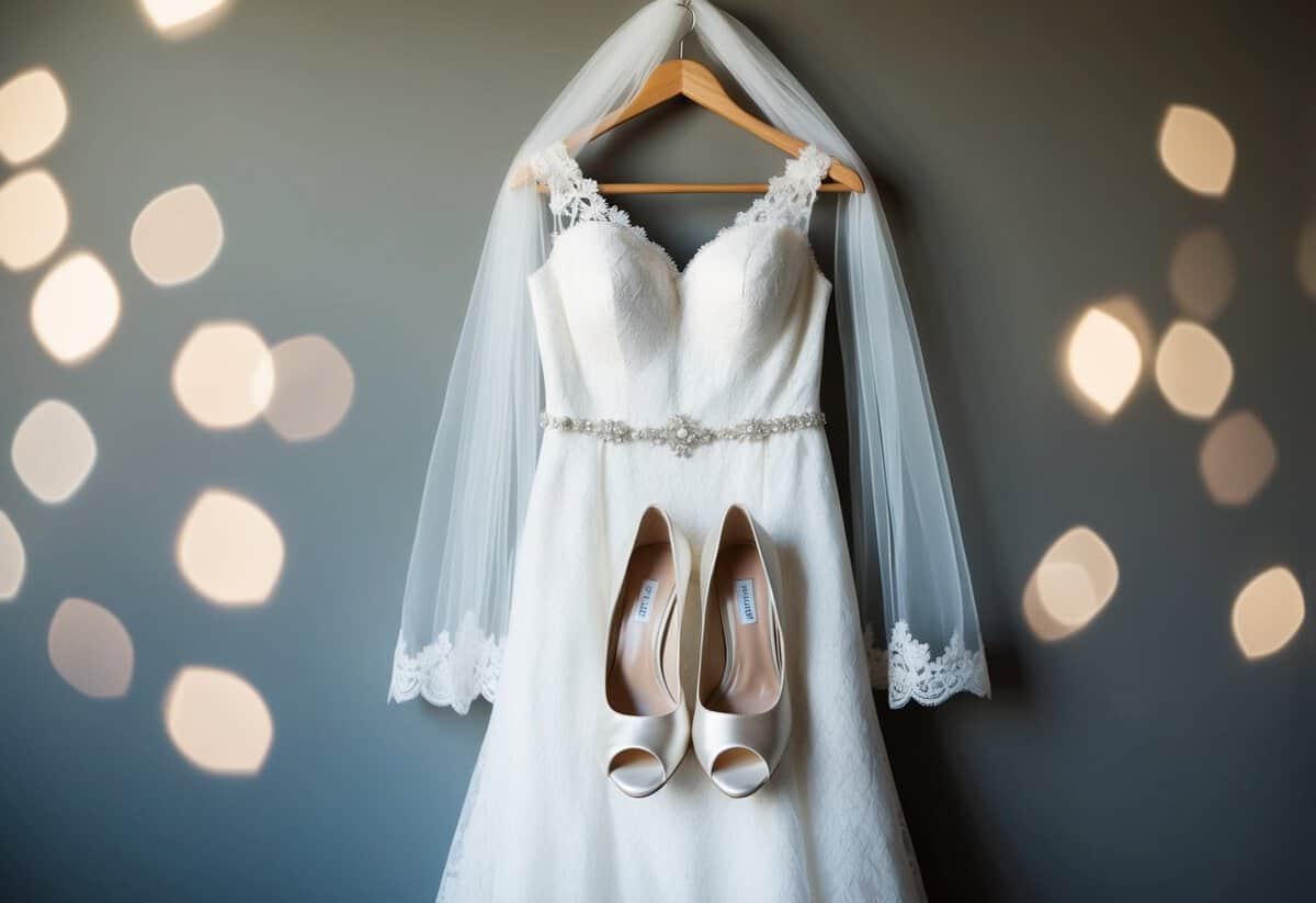 A white lace wedding dress hangs on a hanger, with a delicate veil draped over the top. A pair of satin heels sit neatly beside it
