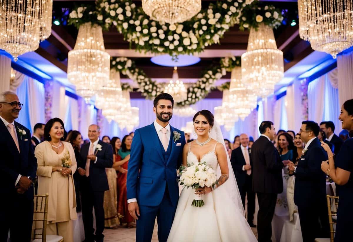 A bride and groom stand before a crowd, surrounded by lavish decorations and a festive atmosphere. Family members and friends mingle, enjoying the celebration