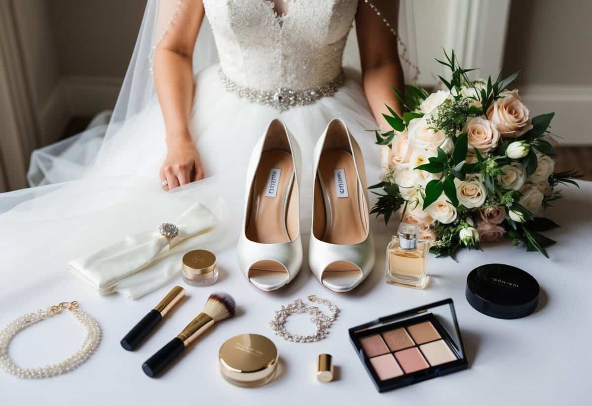 A bride's wedding day essentials: gown, veil, bouquet, shoes, jewelry, hair accessories, makeup, perfume, and a mirror for final touch-ups