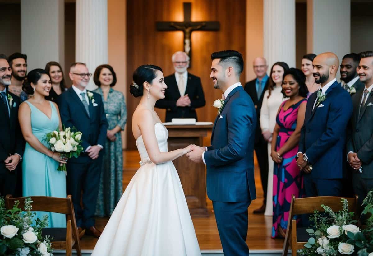 A couple stands at an altar, surrounded by a diverse group of guests. The bride wears a non-traditional gown, and the groom is in a stylish suit. They are exchanging non-traditional vows