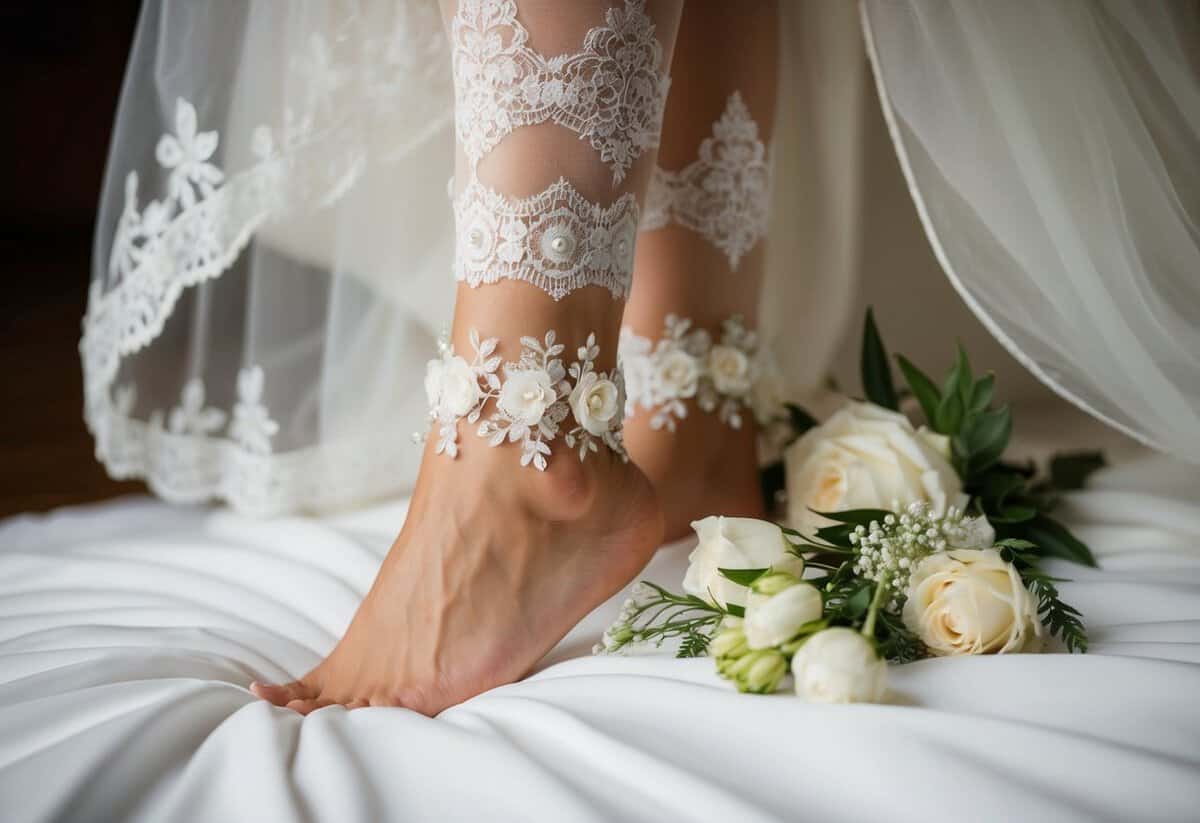 A bride's leg adorned with a delicate garter, surrounded by lace and flowers, as part of her bridal attire