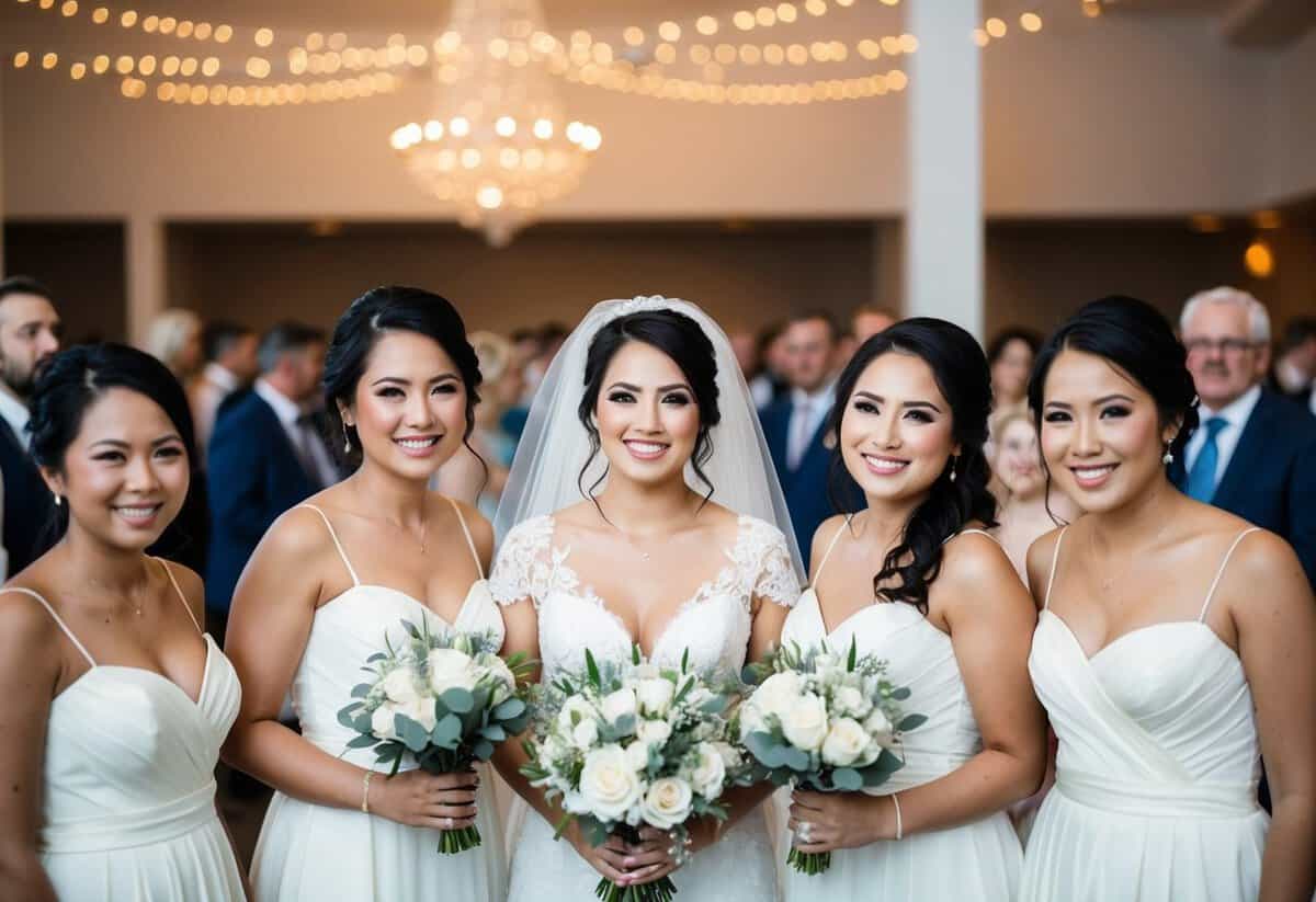 A bride surrounded by a group of bridesmaids, with 100 guests in the background