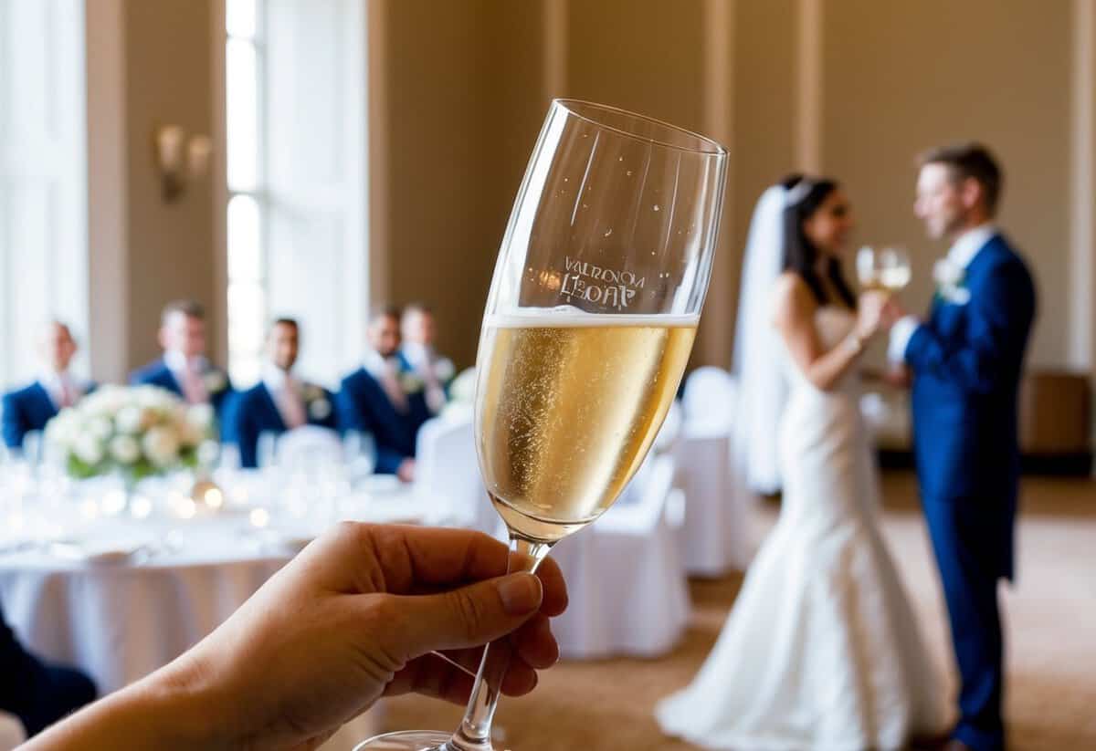 A champagne glass clinks against a silver spoon, echoing through the grand hall as the bride and groom stand to make a toast